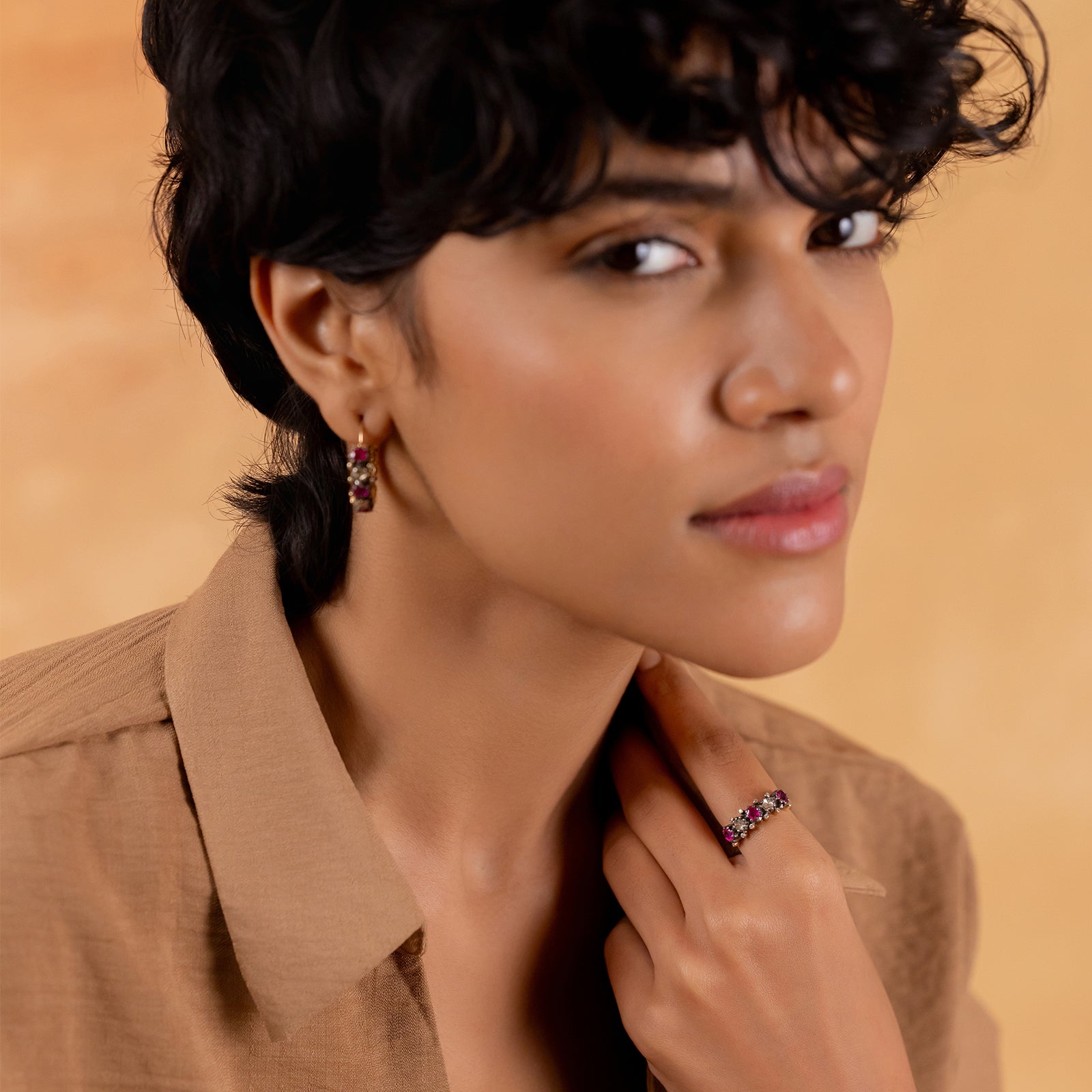 Rumi Ring in gold and 925 silver with polki and ruby in pacchikaam setting and natural uncut vilandi diamonds