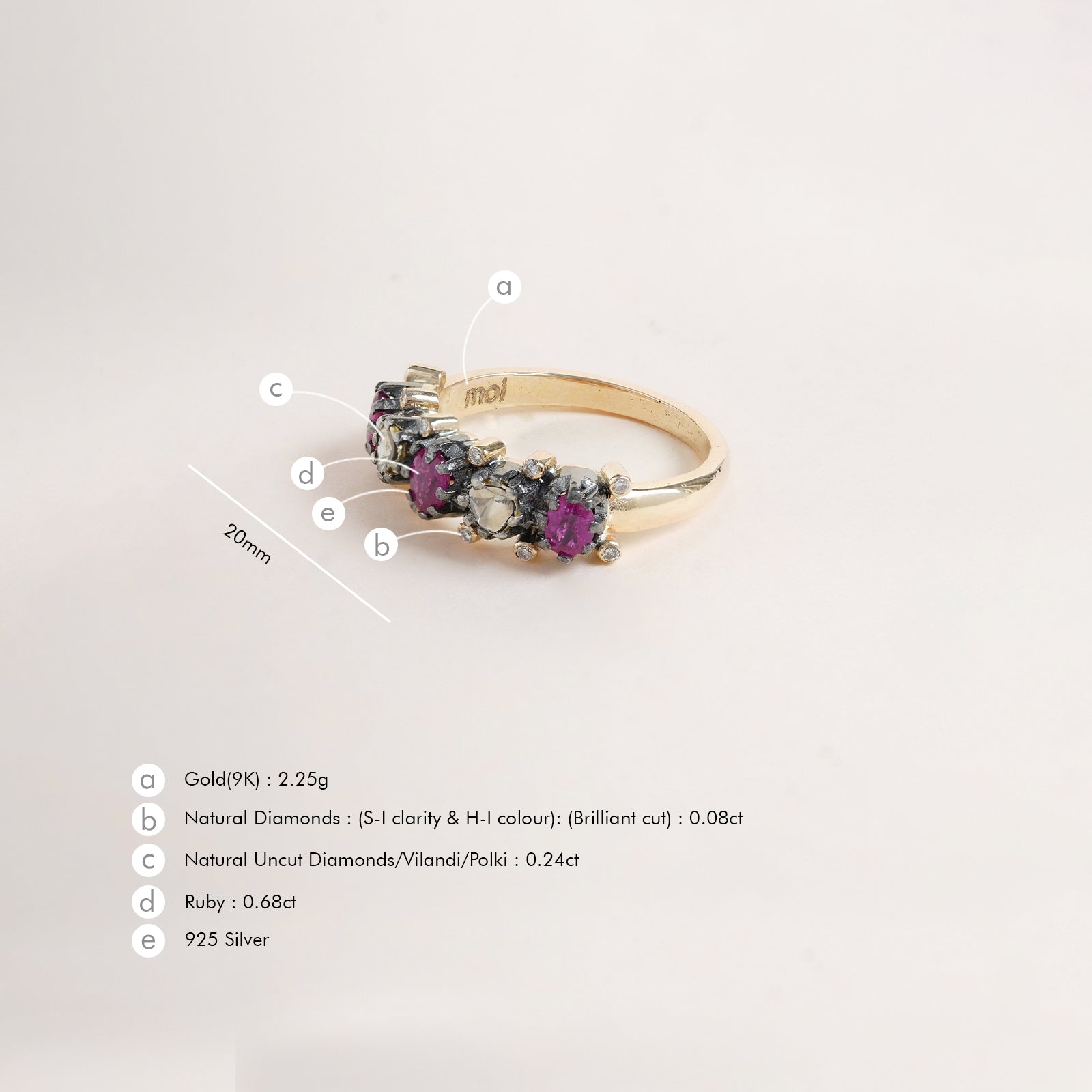 Rumi Ring in gold and 925 silver with polki and ruby in pacchikaam setting and natural uncut vilandi diamonds