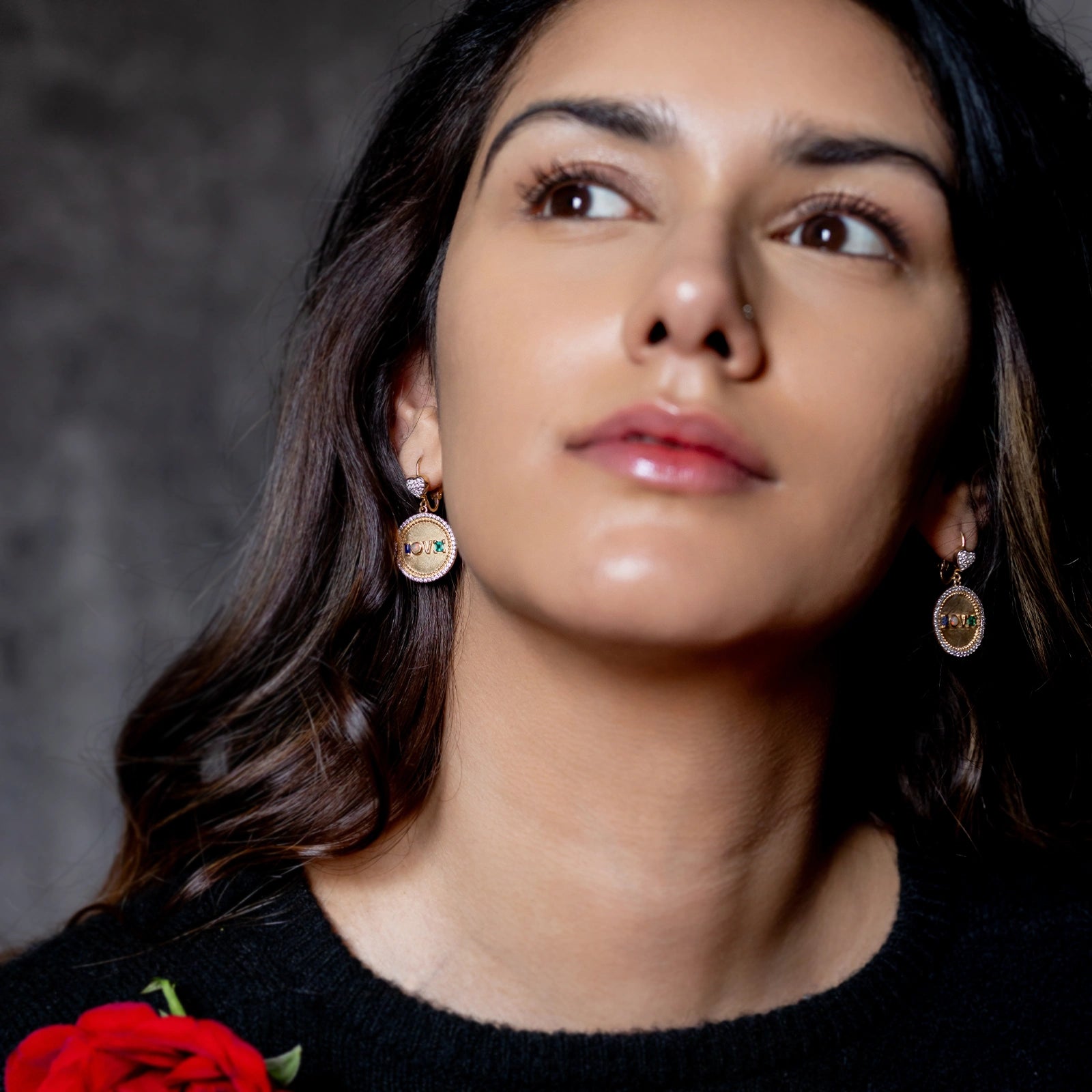 Fine 14K gold medallion earrings with diamond detailing and Victorian acrostic gemstone design.