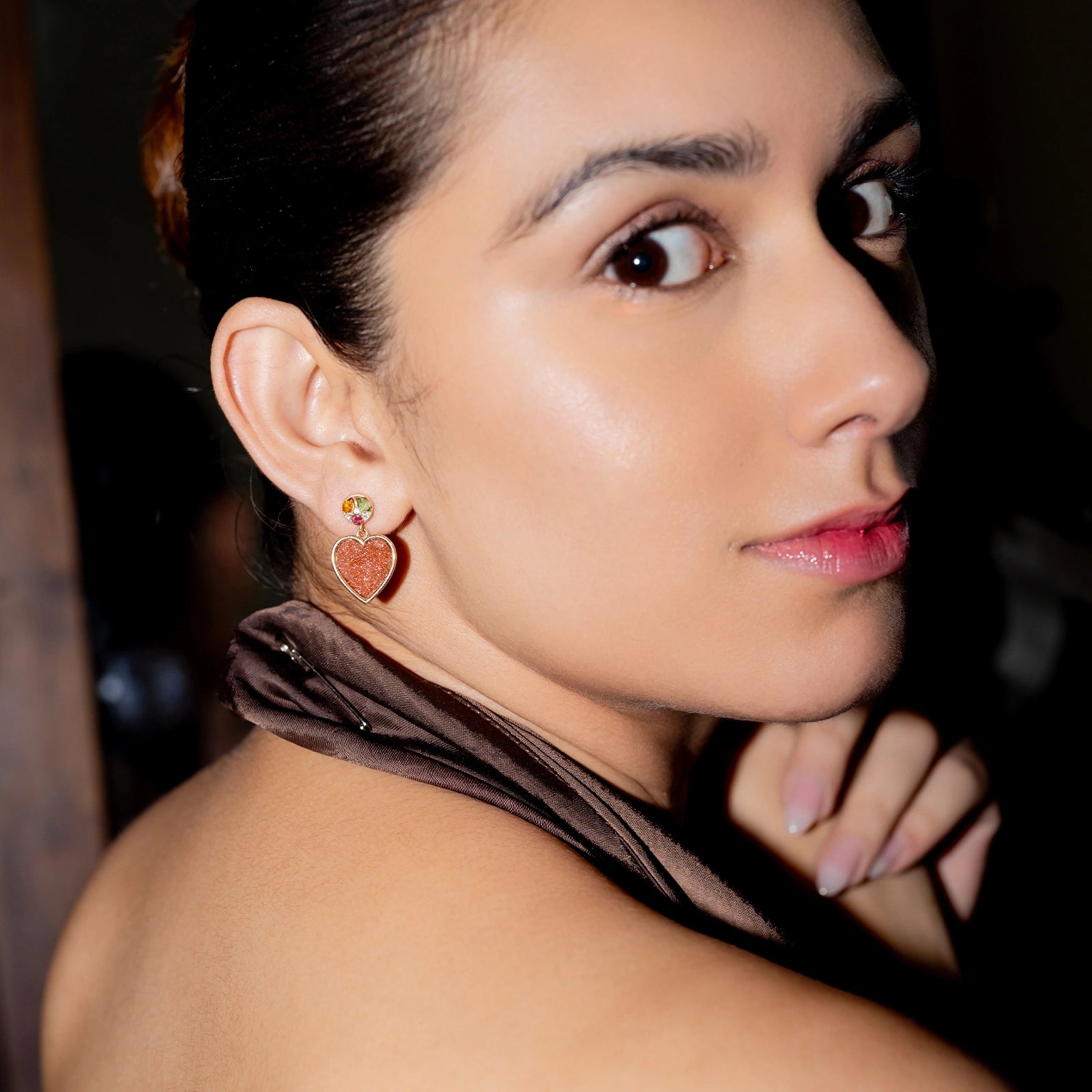 Belov Earrings in 14K gold with heart-shaped sunstone, tourmaline accents and natural diamond detailing.