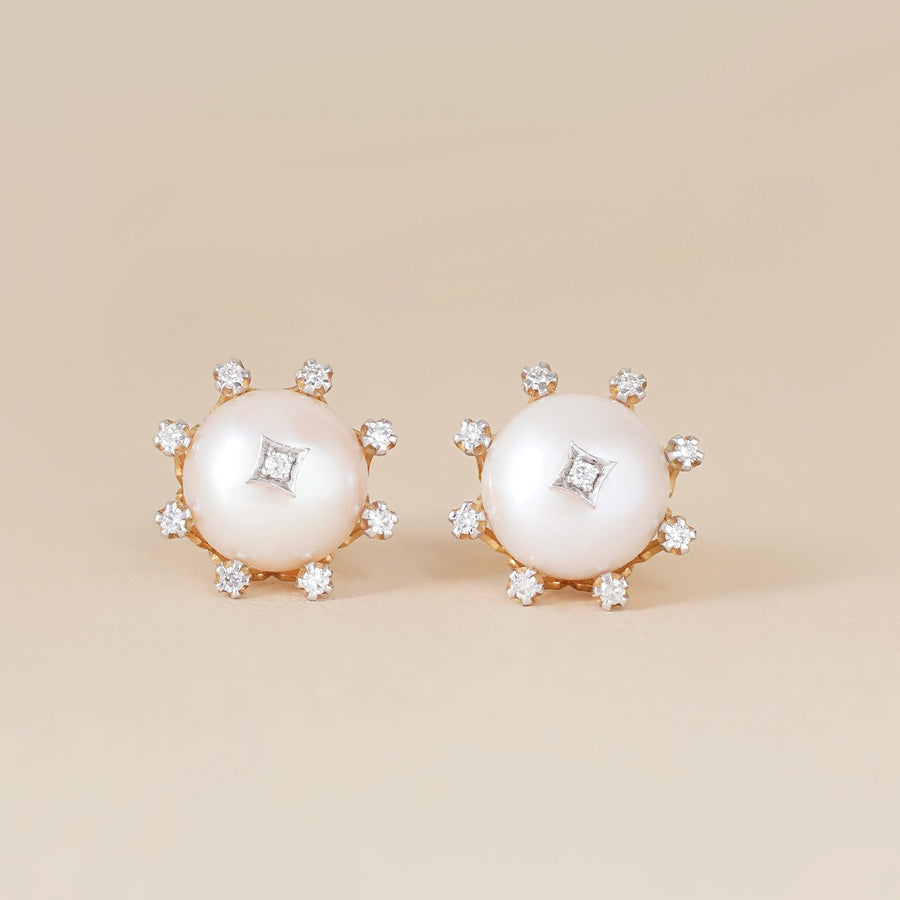 14K Gold diamond and Niva pearl Ear Studs