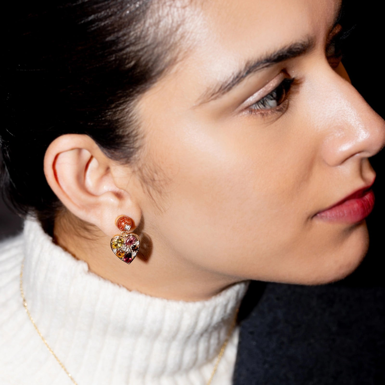 Bae Earrings in 14K gold with sunstone studs, multi-tourmaline heart drops and natural diamond accents.