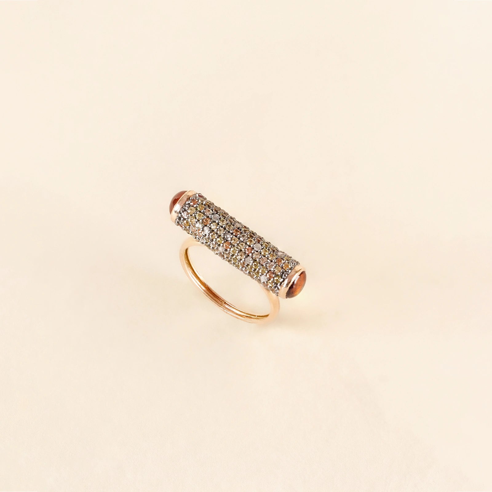 Faye Bar Ring in 14K Gold and 925 Silver with Rose Cut Diamond Sapphire and Hessonite Garnet