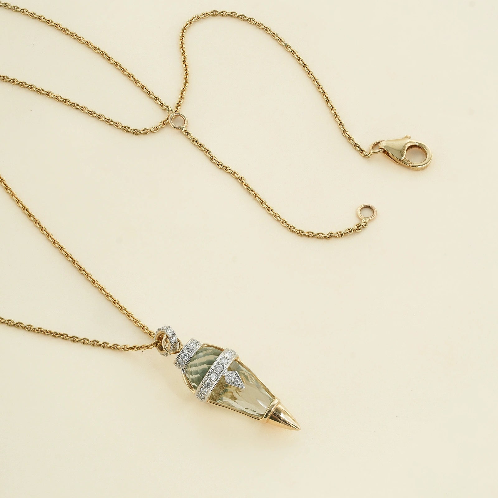 Harmony Olive Mini Necklace in 14K gold with hand-cased custom-cut green amethyst framed by natural brilliant-cut diamonds