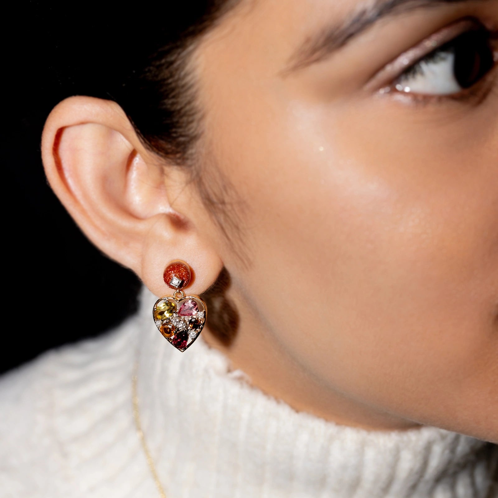 Bae Earrings in 14K gold with sunstone studs, multi-tourmaline heart drops and natural diamond accents.