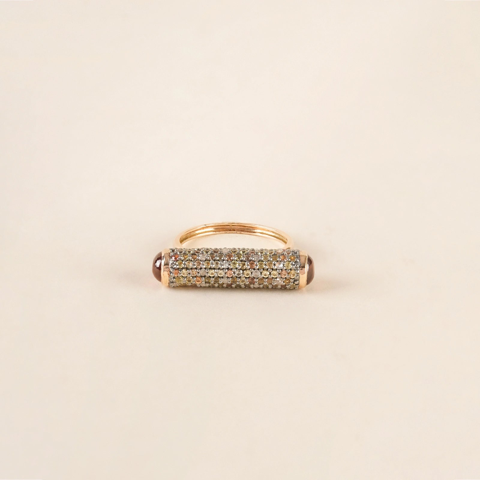 Faye Bar Ring in 14K Gold and 925 Silver with Rose Cut Diamond Sapphire and Hessonite Garnet