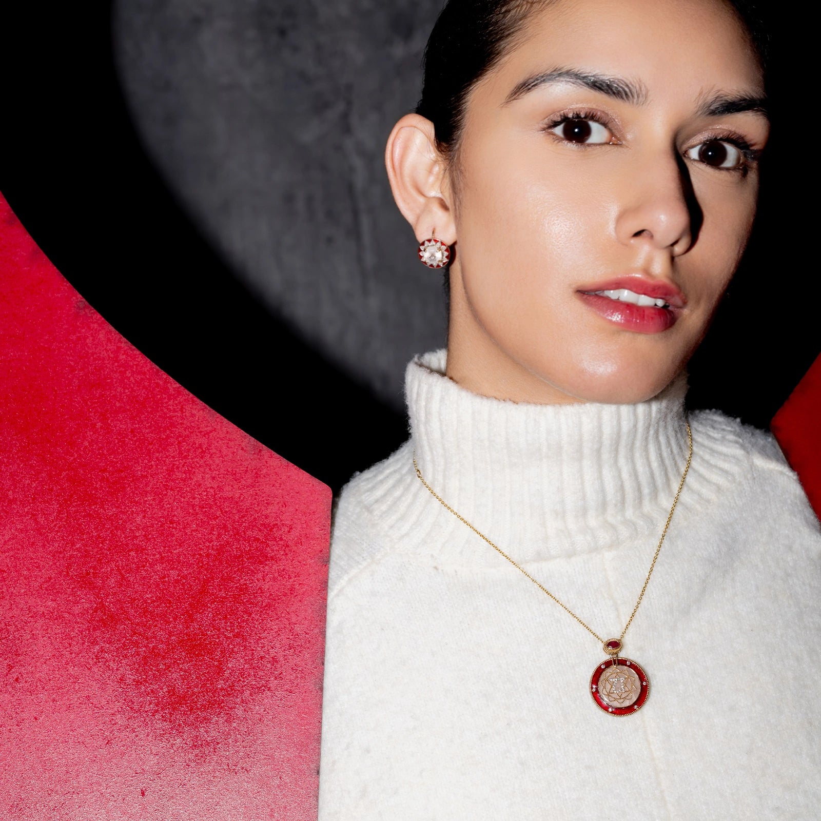 Anah Rose Pendant Necklace in 14K gold featuring rose quartz, diamond Anahata motif and red enamel.