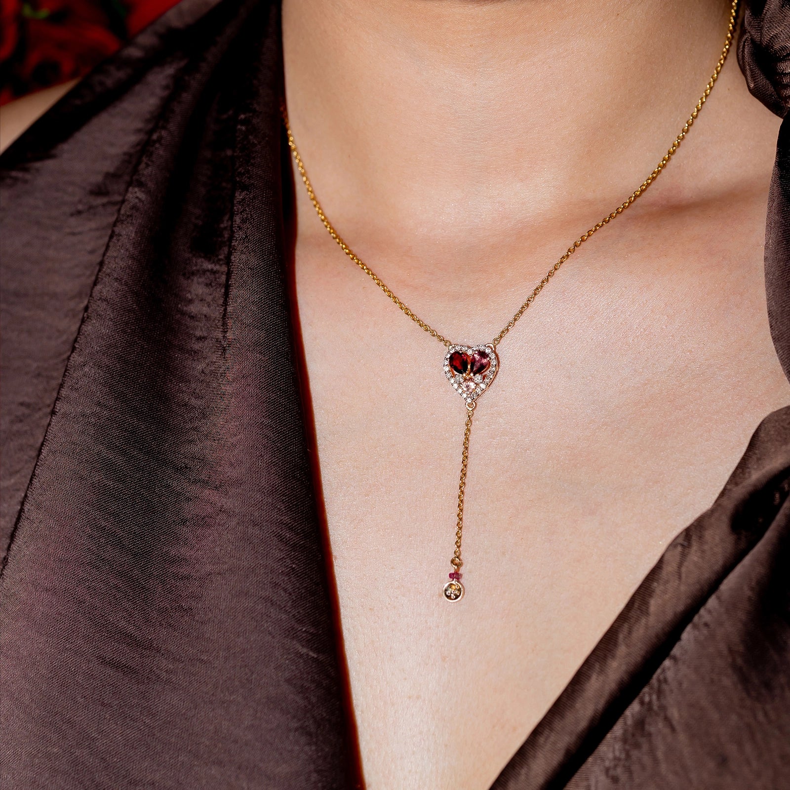 Cherie Necklace featuring heart-shaped diamond frame and pink tourmaline.