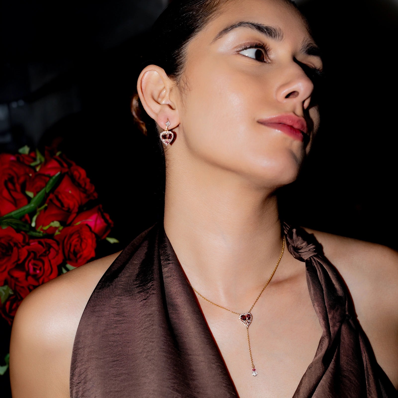 Cherie Necklace featuring heart-shaped diamond frame and pink tourmaline.