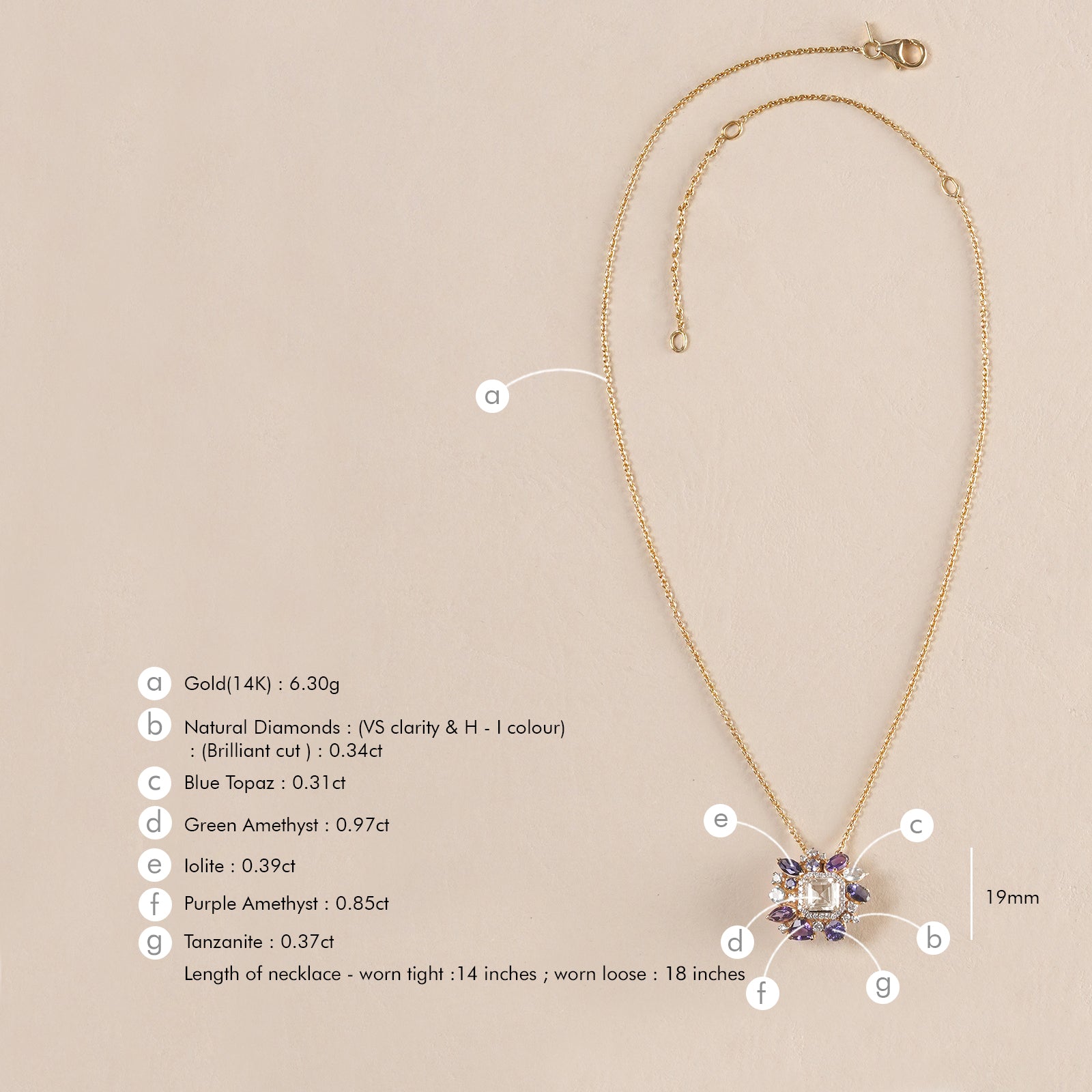 Viola amethyst tanzanite and blue topaz pendant necklace