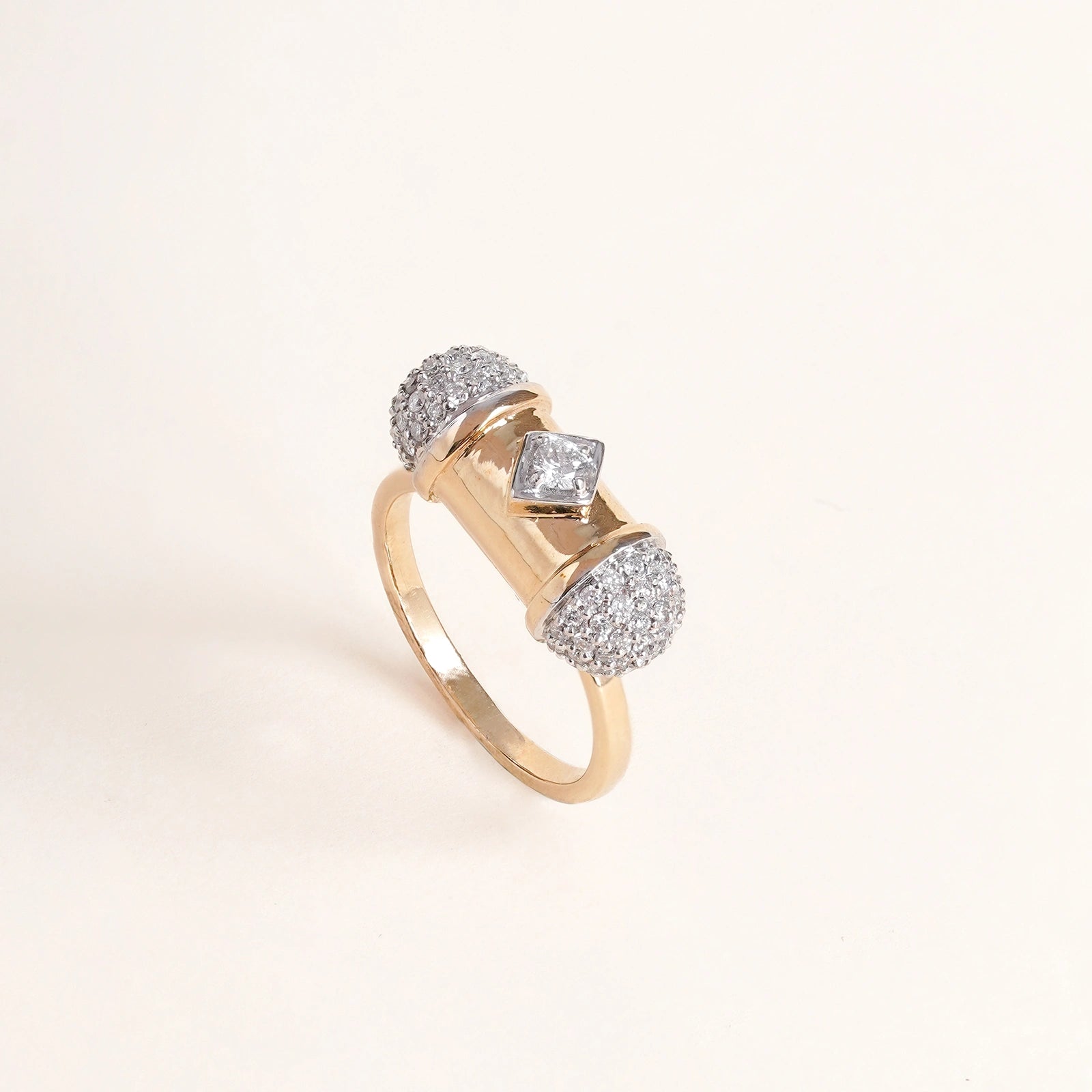 Virtue Ring in 14K gold with natural diamond-encrusted finials and brilliant-cut diamonds set across the band