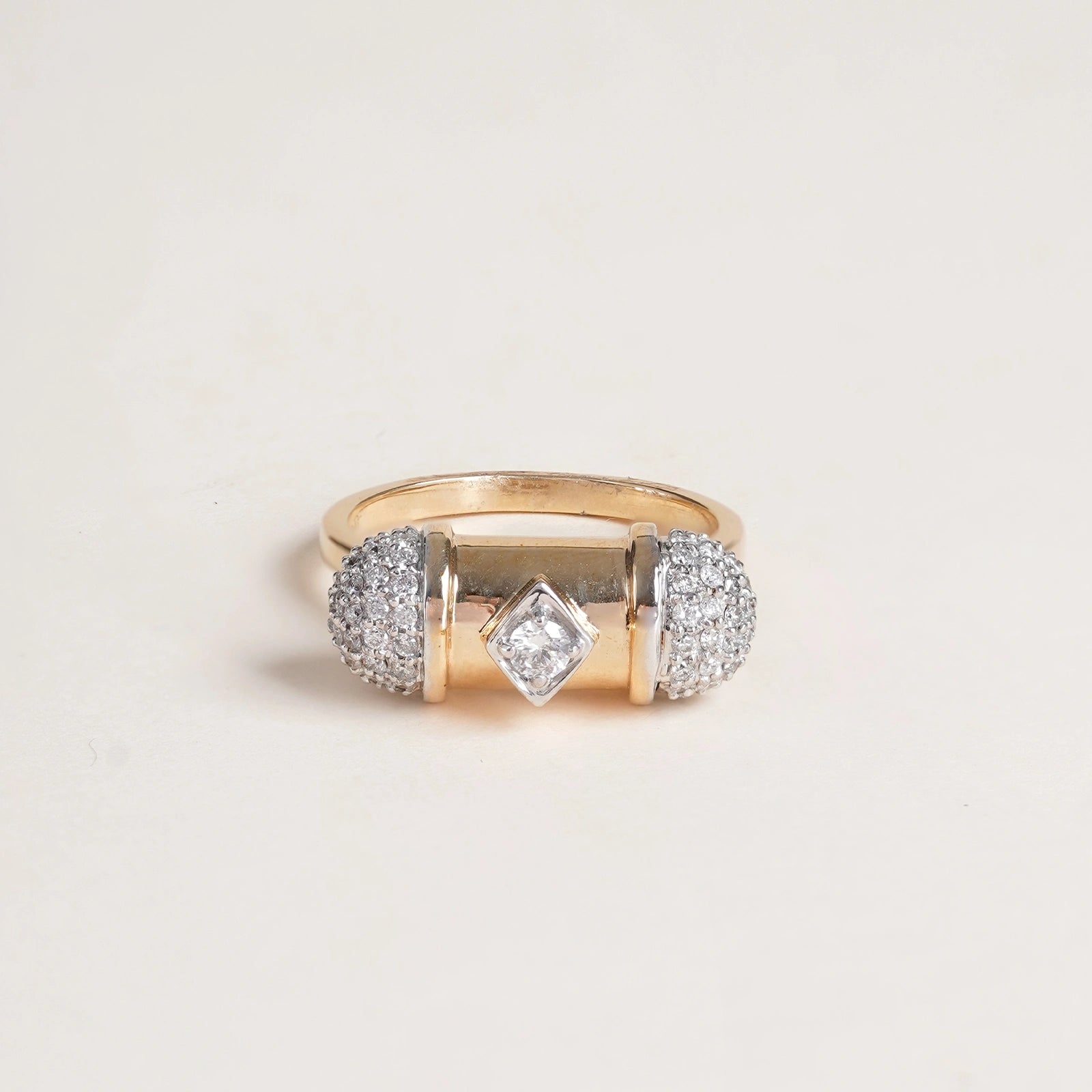 Virtue Ring in 14K gold with natural diamond-encrusted finials and brilliant-cut diamonds set across the band