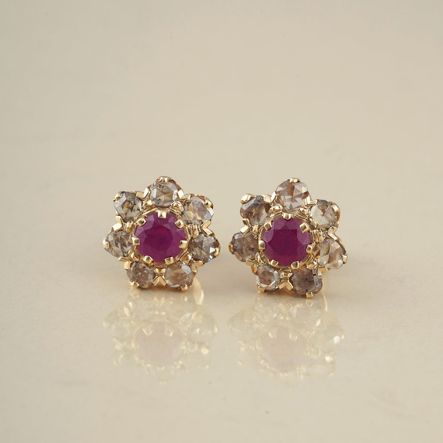 Gold Diamond and Ruby Studs Earrings