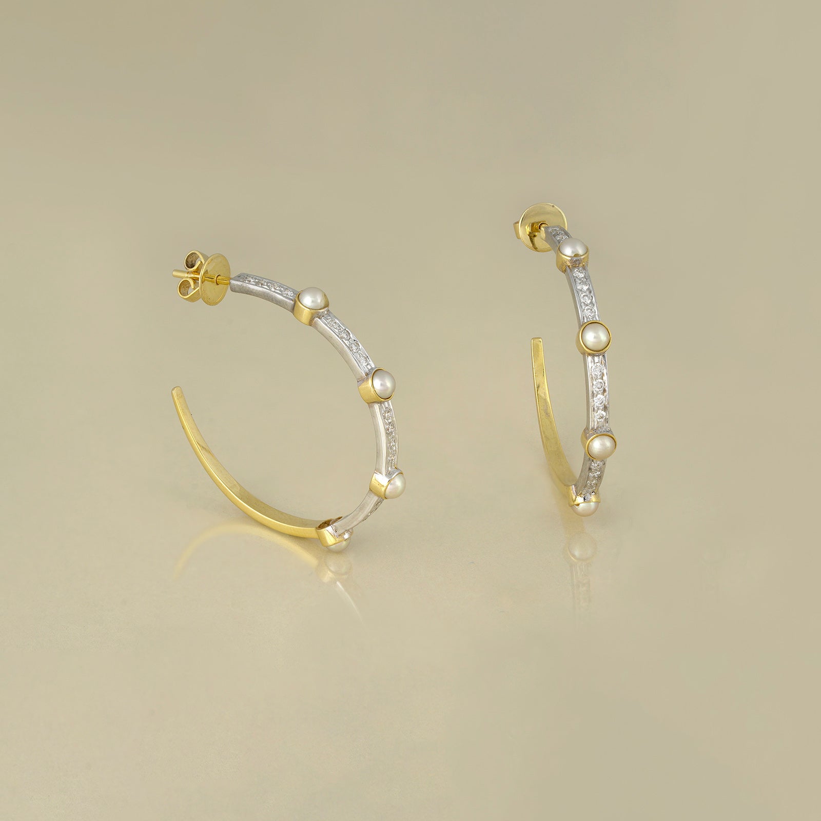Pearl Gold and Diamond Hoop Earrings