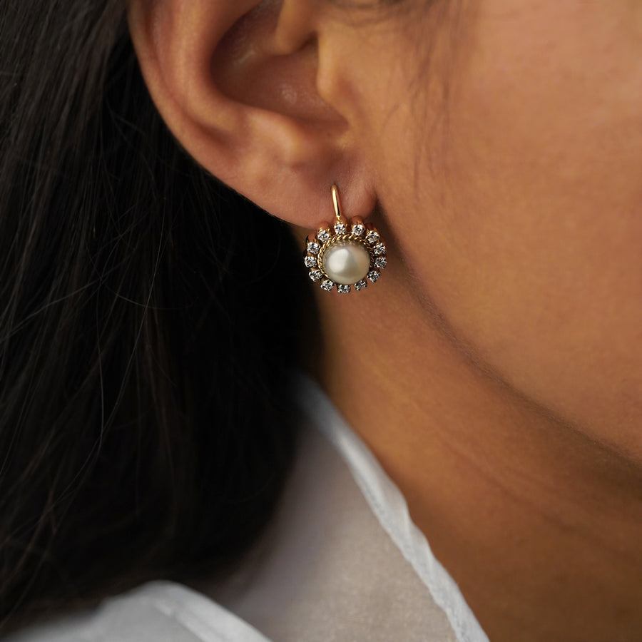 Diamond and Pearl Hook Closure Earrings