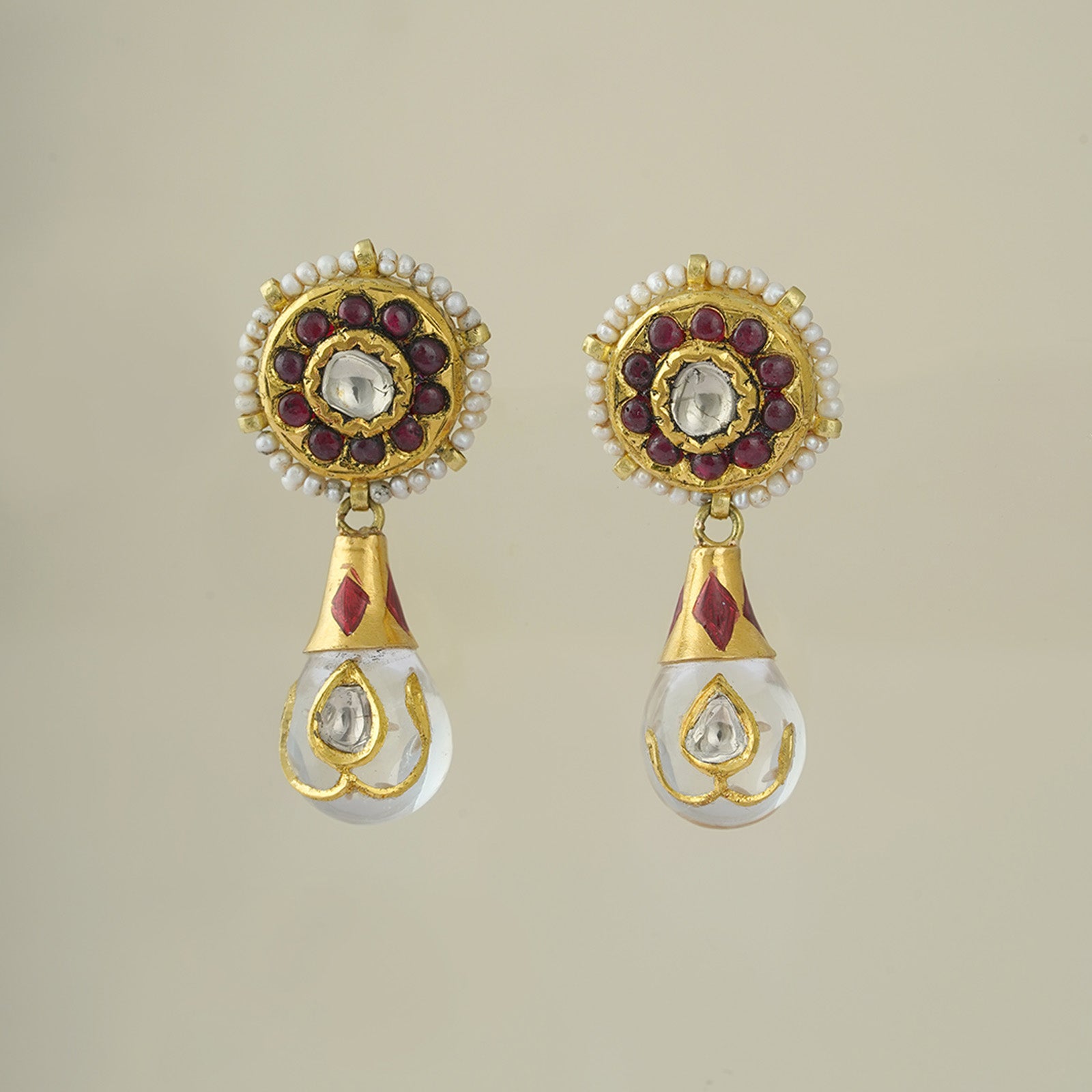 gold uncut diamond and ruby earrings