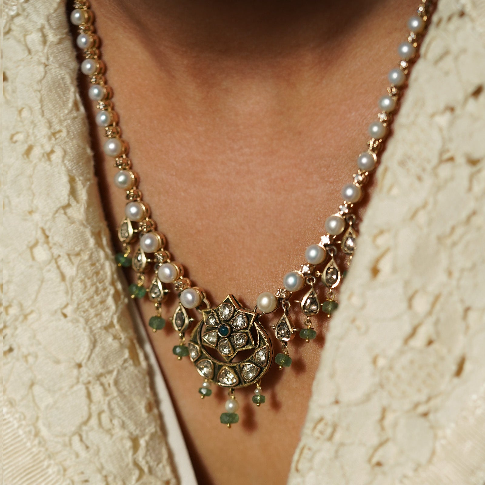 Gold Uncut Diamond and Pearl Necklace