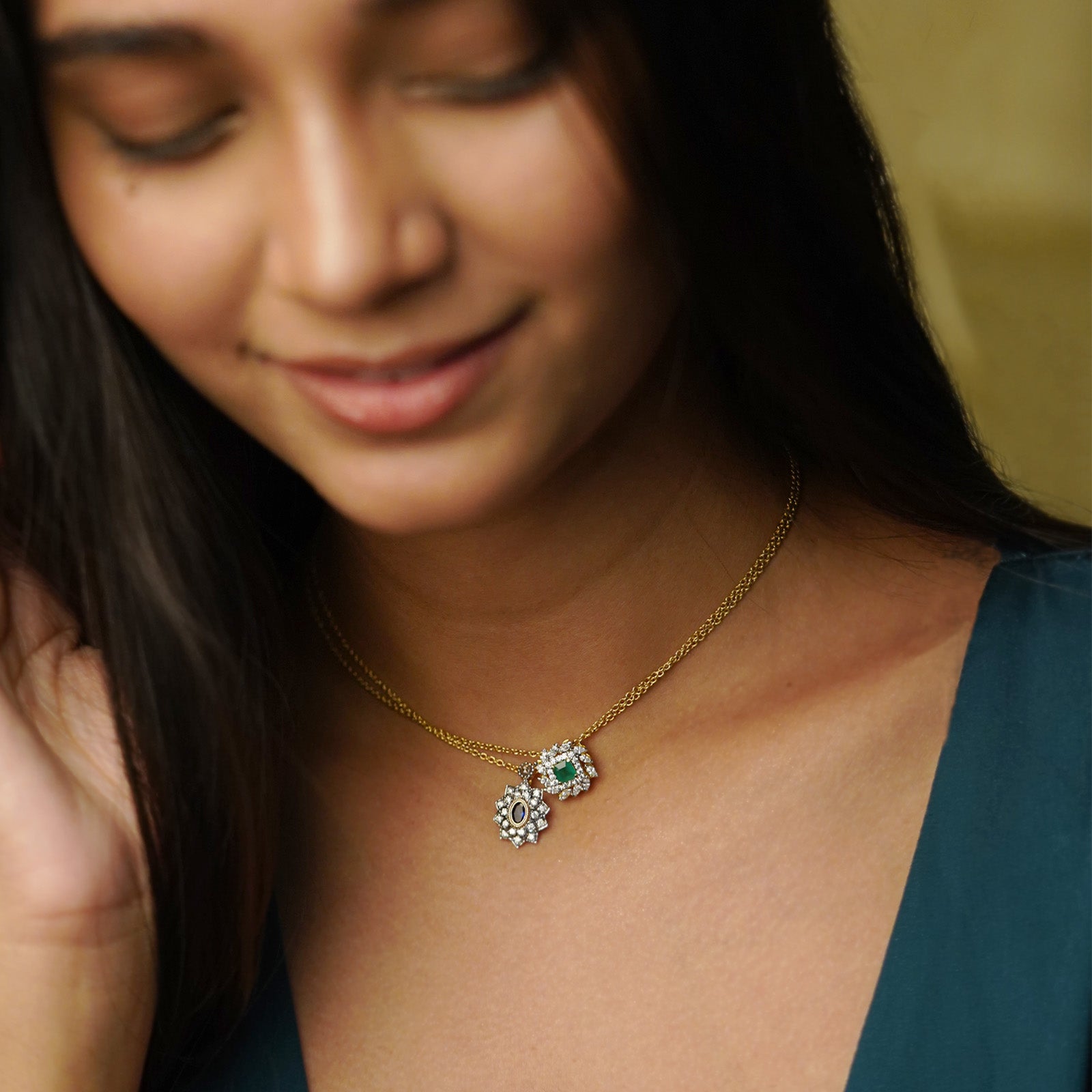 Gold Diamond and Blue Sapphire Pendant Necklace