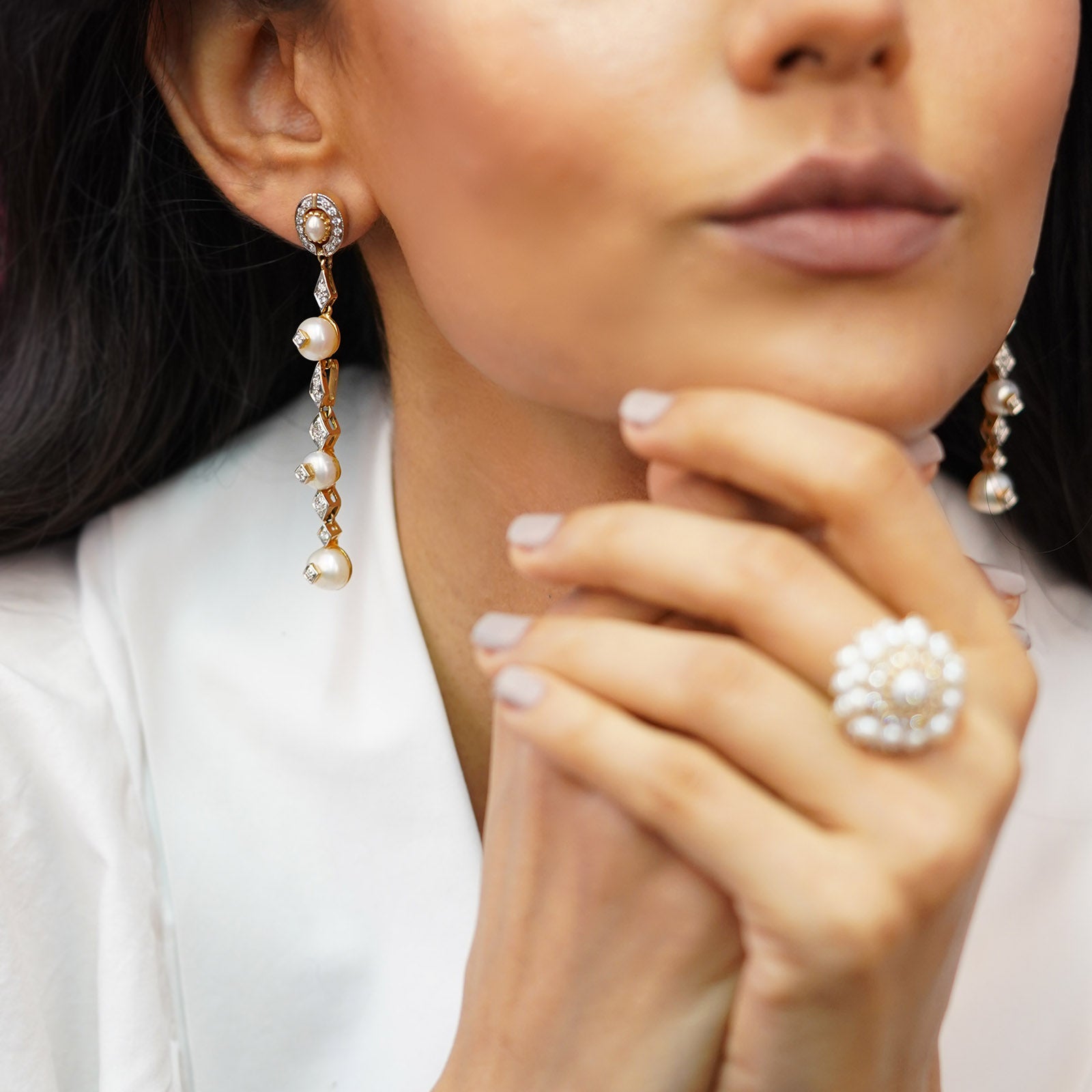 Pearl Diamond and Gold Earrings