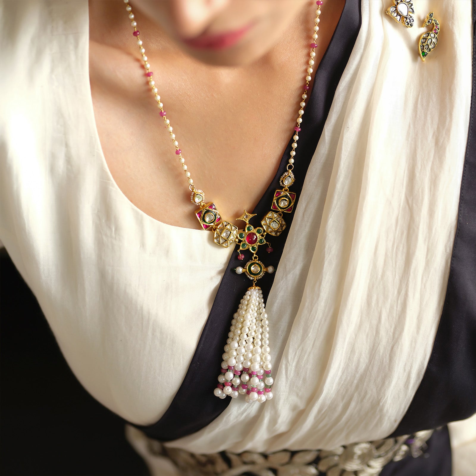 Sanchi Gold Emeral and Pearl Tassel Necklace